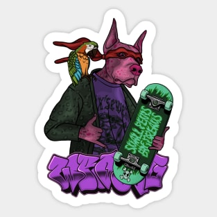 Crazy Dog with Parrot and Skateboard Sticker